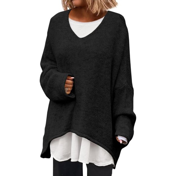 Womens Oversized V Neck Sweater Batwing Long Sleeve Knit...
